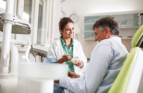 Dentist smiling at patient while holding model of teeth